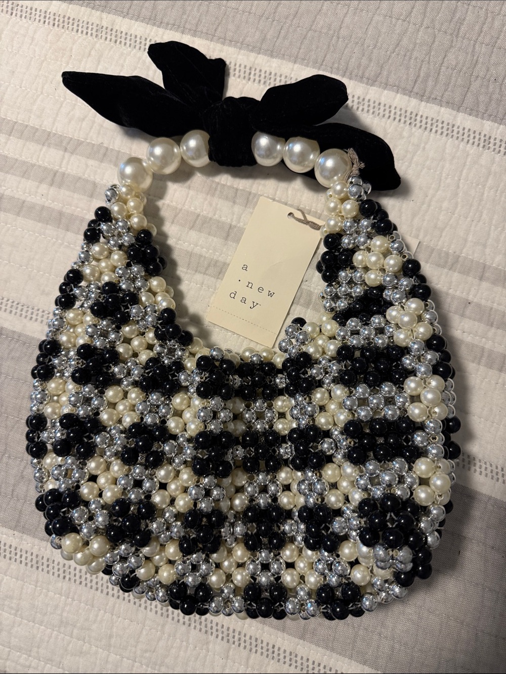 A new day Black, Pearl & Silver Beaded velvet Bow-Top Handbag